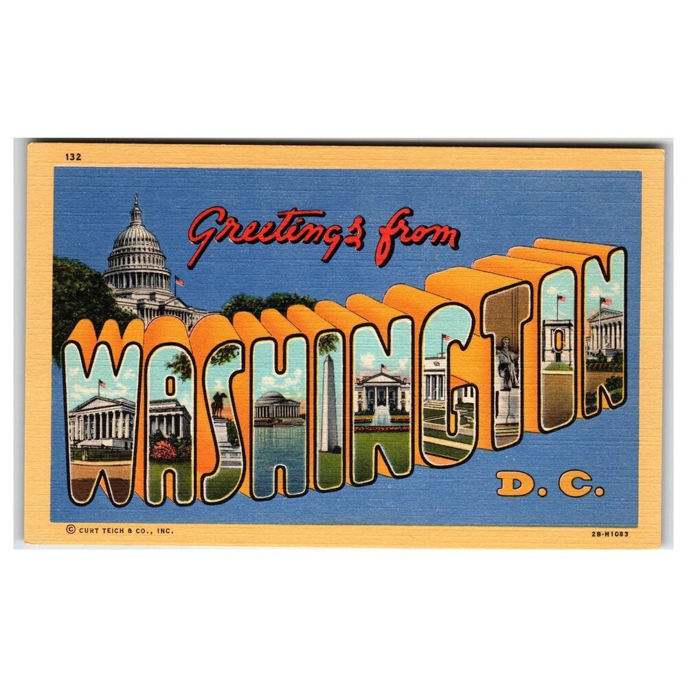 Greetings From Washington D.C. Large Letter Multi-View Linen Postcard Capitol